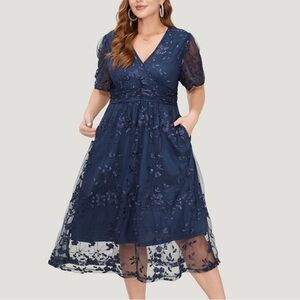 NWT Bloomchic Floral Appliques Mesh Ruched Empire Waist Dress